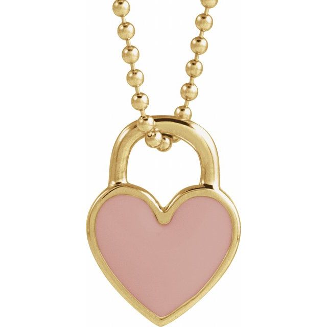 14K Yellow Gold Pink Enamel Heart 18" Necklace - A